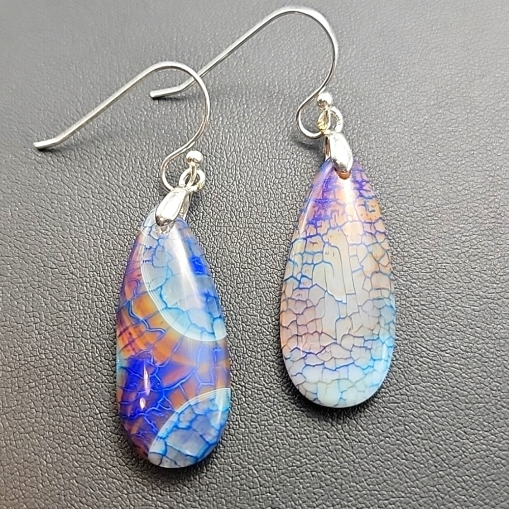 Elegant Blue and Brown Dragon Vein Agate Teardrop Earrings Silver Plated 2"